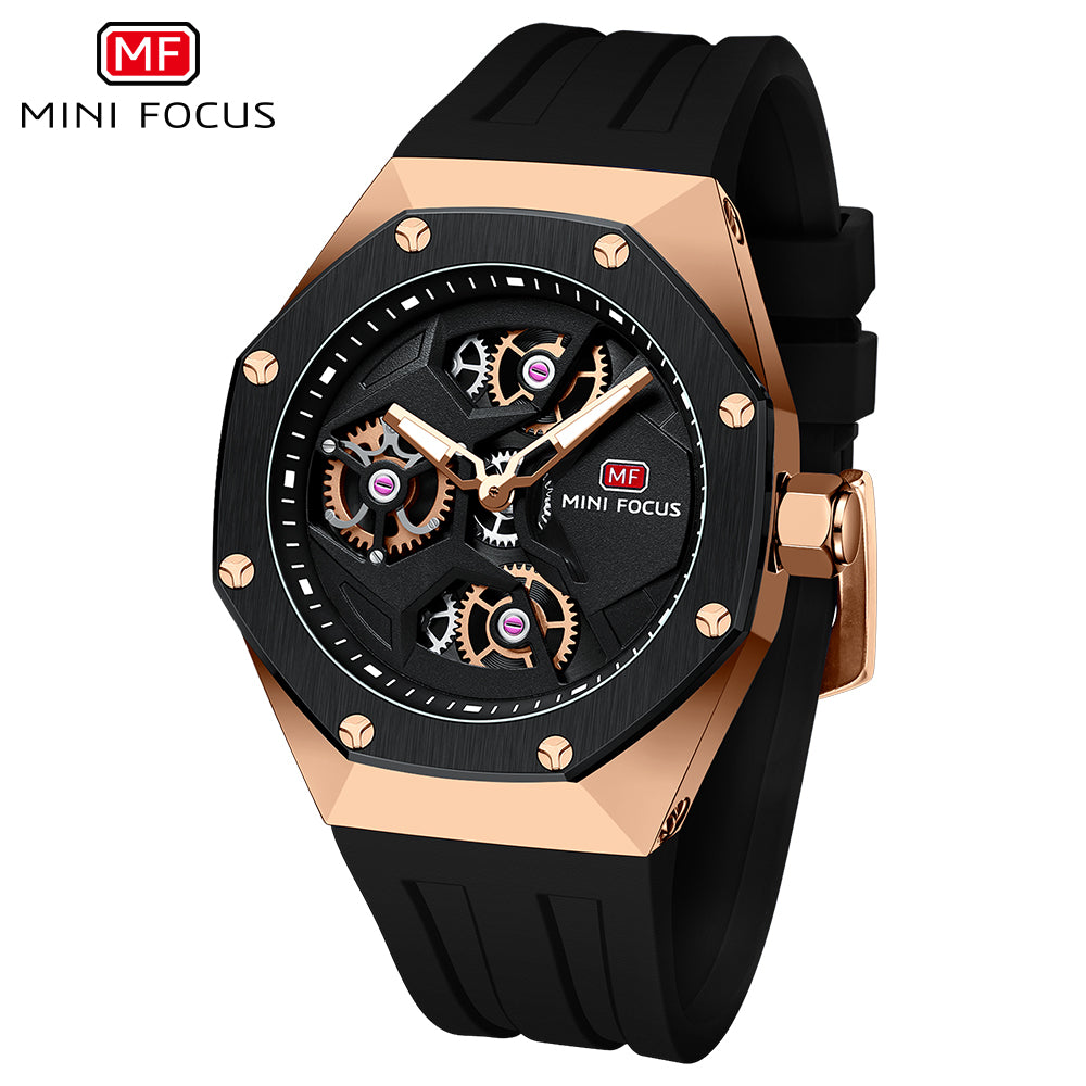 Mini Focus MF0422G.02 Skeleton Sport Watch – Rose Gold Power & Black Silicone Belt