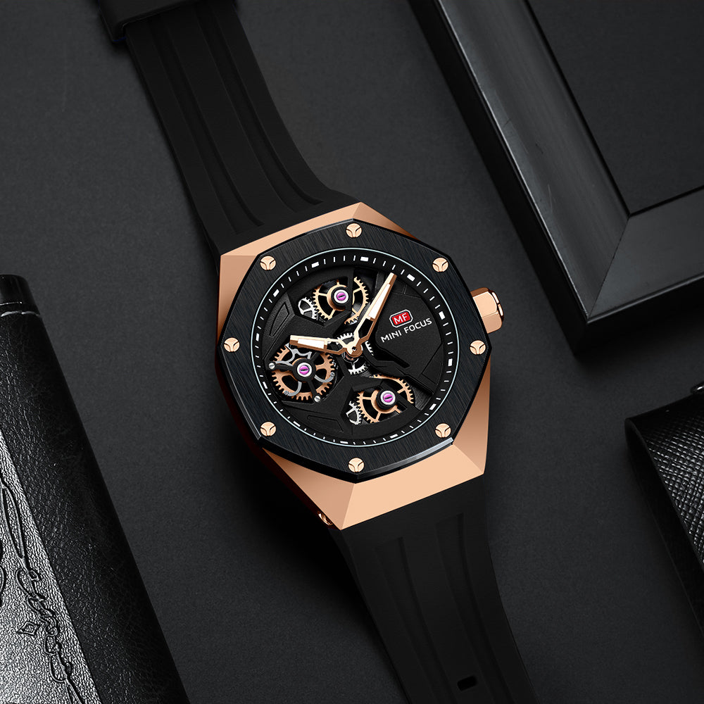 Mini Focus MF0422G.02 Skeleton Sport Watch – Rose Gold Power & Black Silicone Belt