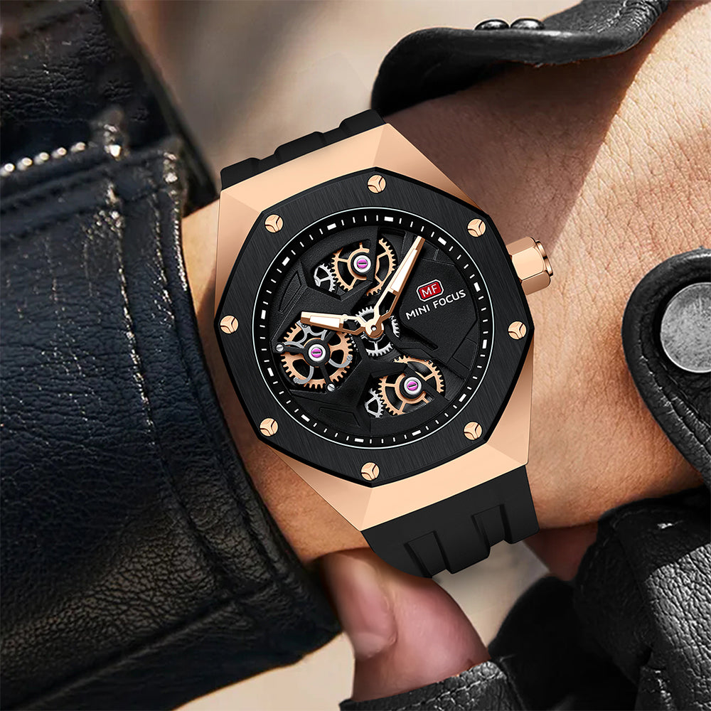 Mini Focus MF0422G.02 Skeleton Sport Watch – Rose Gold Power & Black Silicone Belt