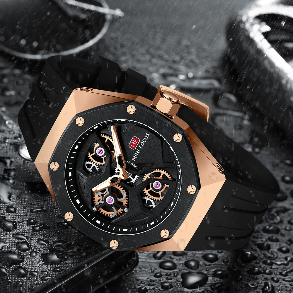 Mini Focus MF0422G.02 Skeleton Sport Watch – Rose Gold Power & Black Silicone Belt