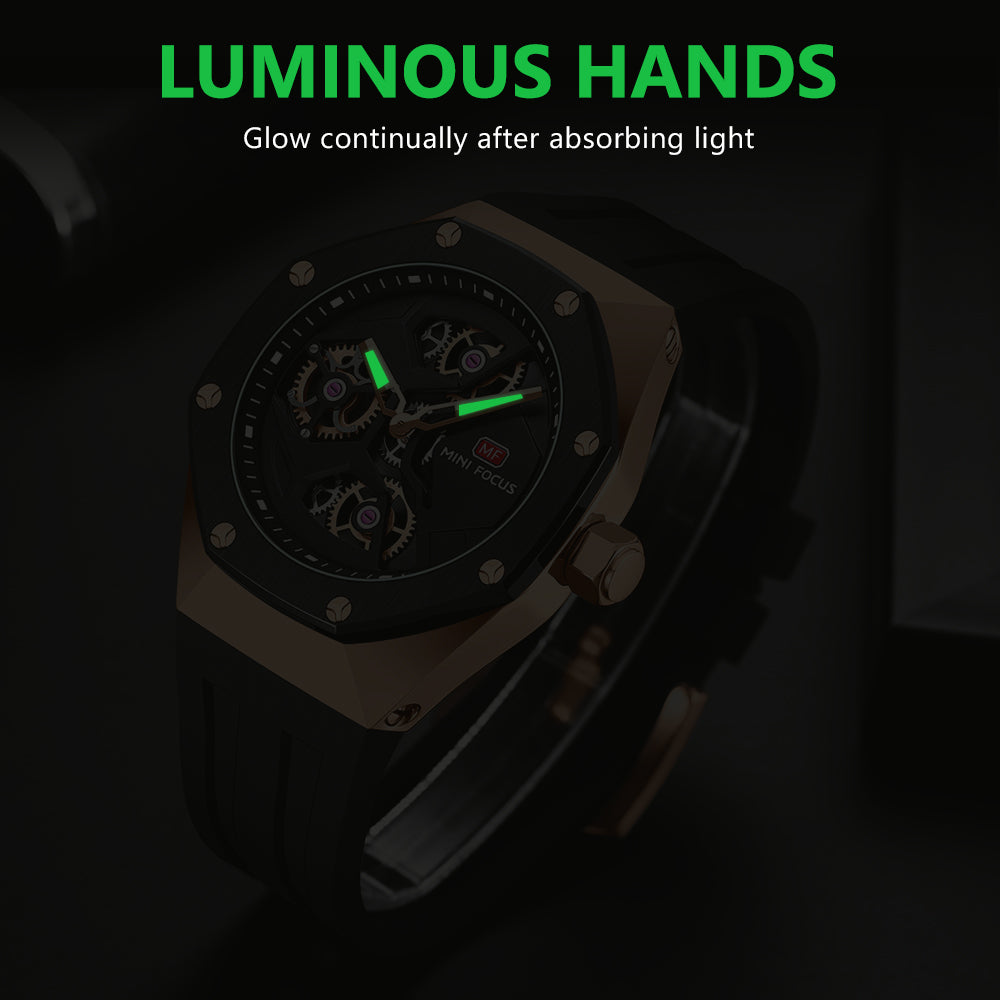 Mini Focus MF0422G.02 Skeleton Sport Watch – Rose Gold Power & Black Silicone Belt