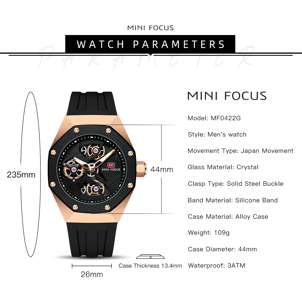 Mini Focus MF0422G.02 Skeleton Sport Watch – Rose Gold Power & Black Silicone Belt