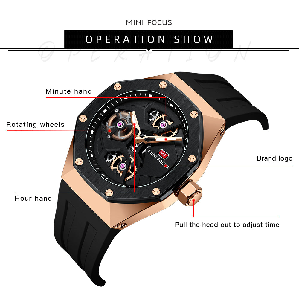 Mini Focus MF0422G.02 Skeleton Sport Watch – Rose Gold Power & Black Silicone Belt