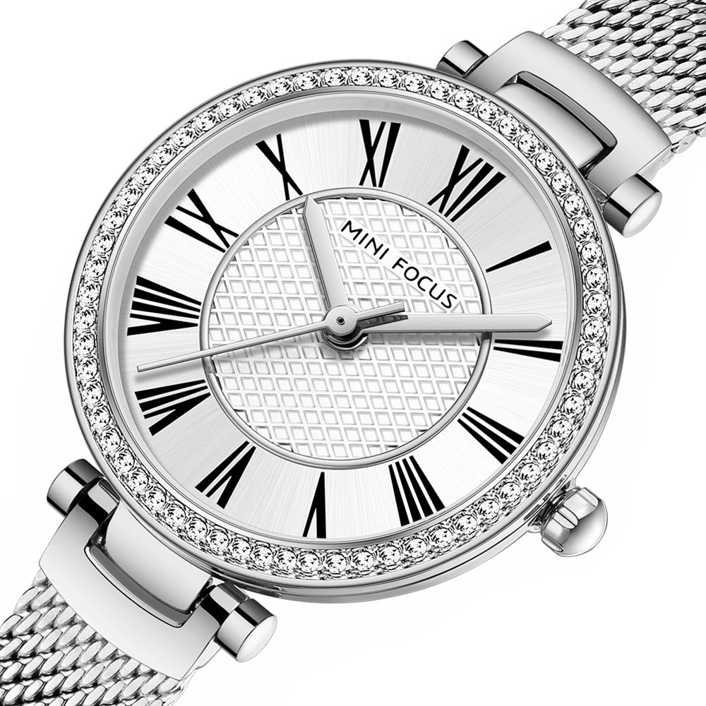 Silver Mesh Strap 25mm Diamond Watch for Women