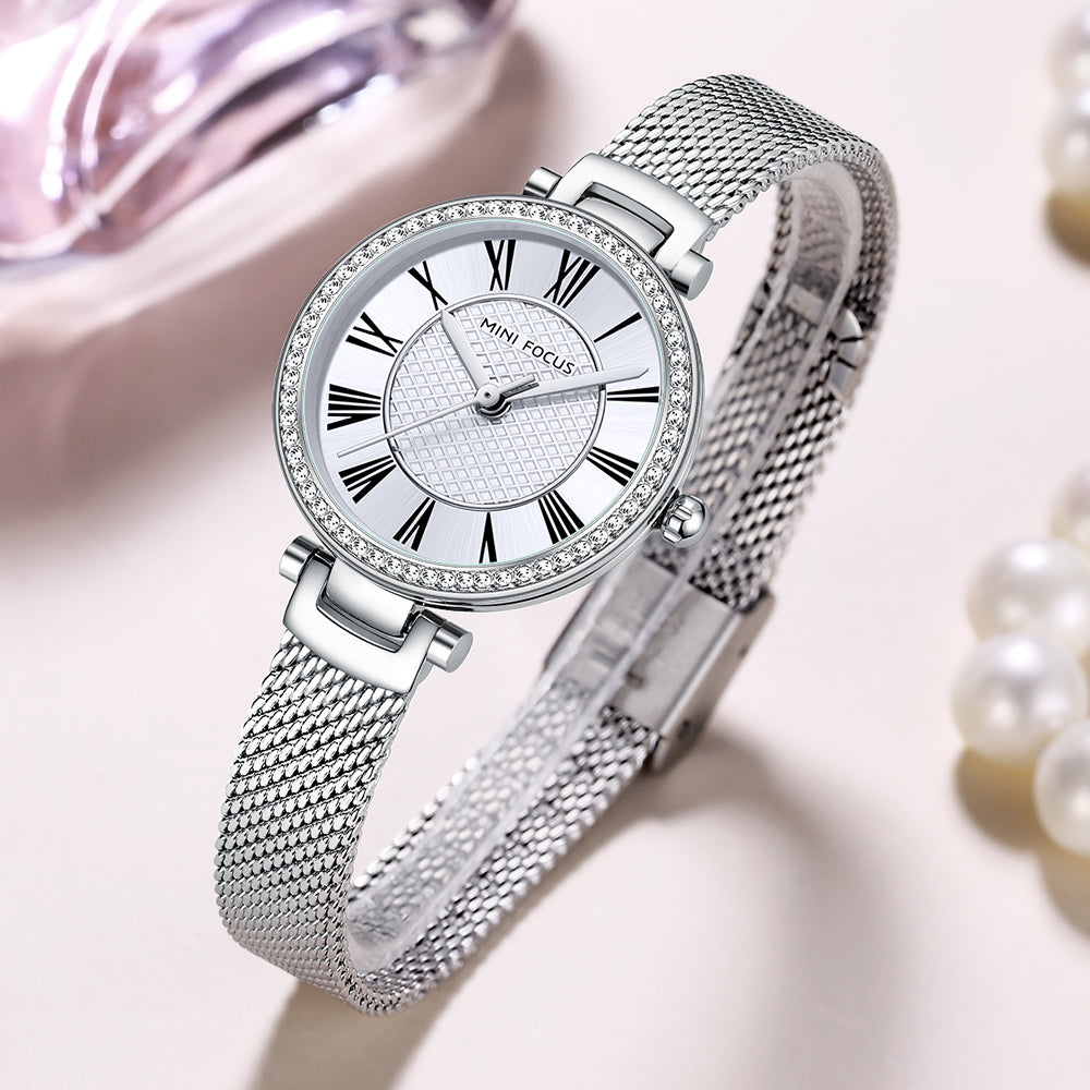 Silver Mesh Strap 25mm Diamond Watch for Women