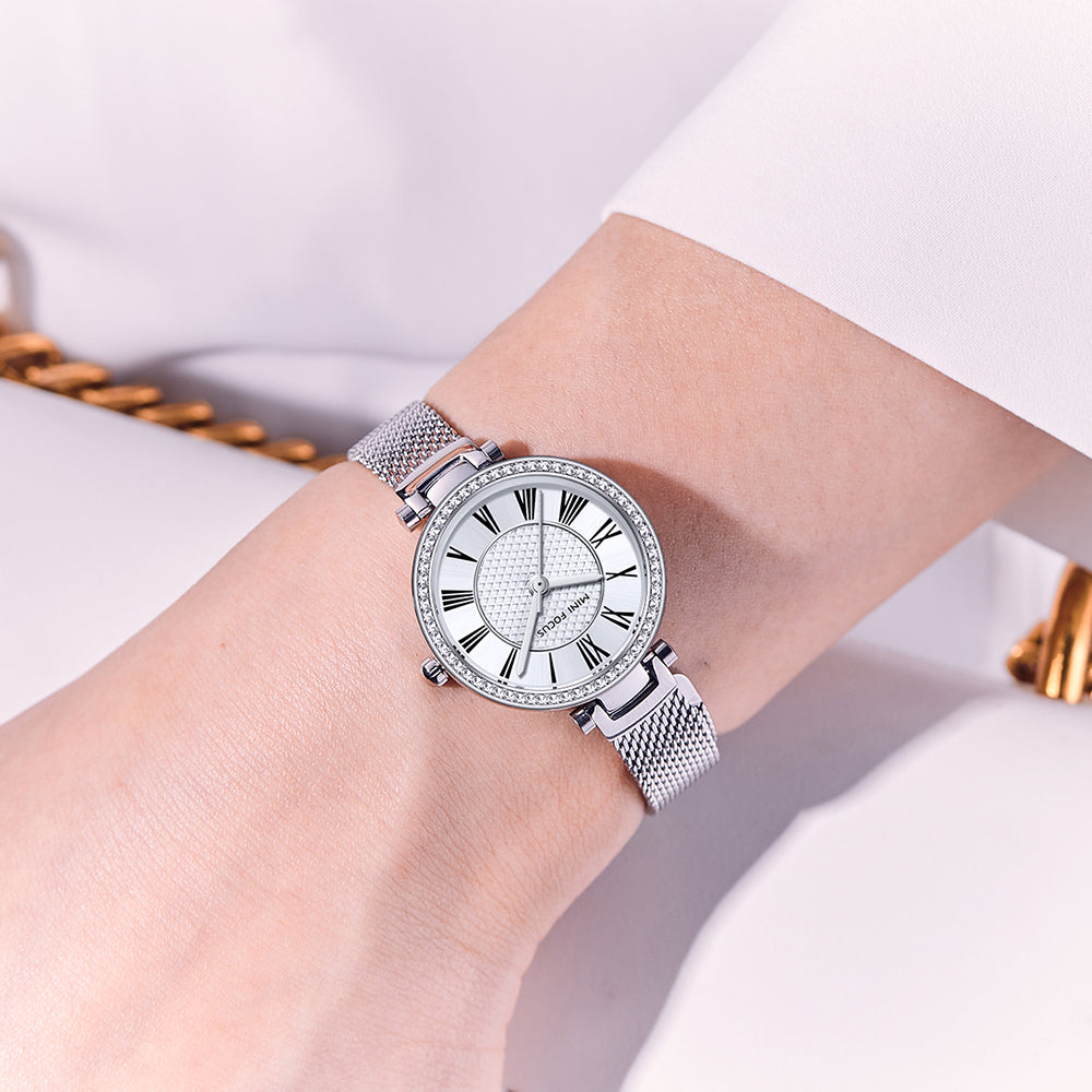 Silver Mesh Strap 25mm Diamond Watch for Women