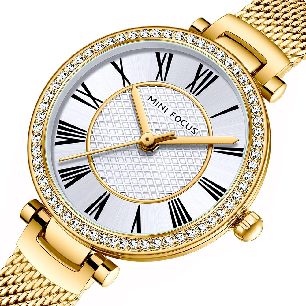 Gold Mesh Strap 25mm Diamond Watch for Women