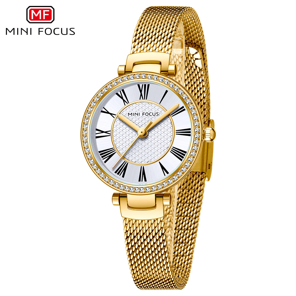 Gold Mesh Strap 25mm Diamond Watch for Women