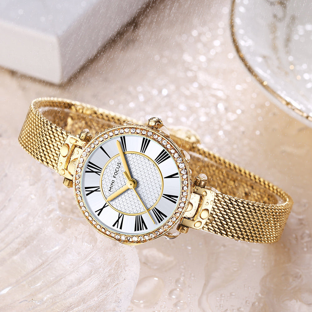 Gold Mesh Strap 25mm Diamond Watch for Women