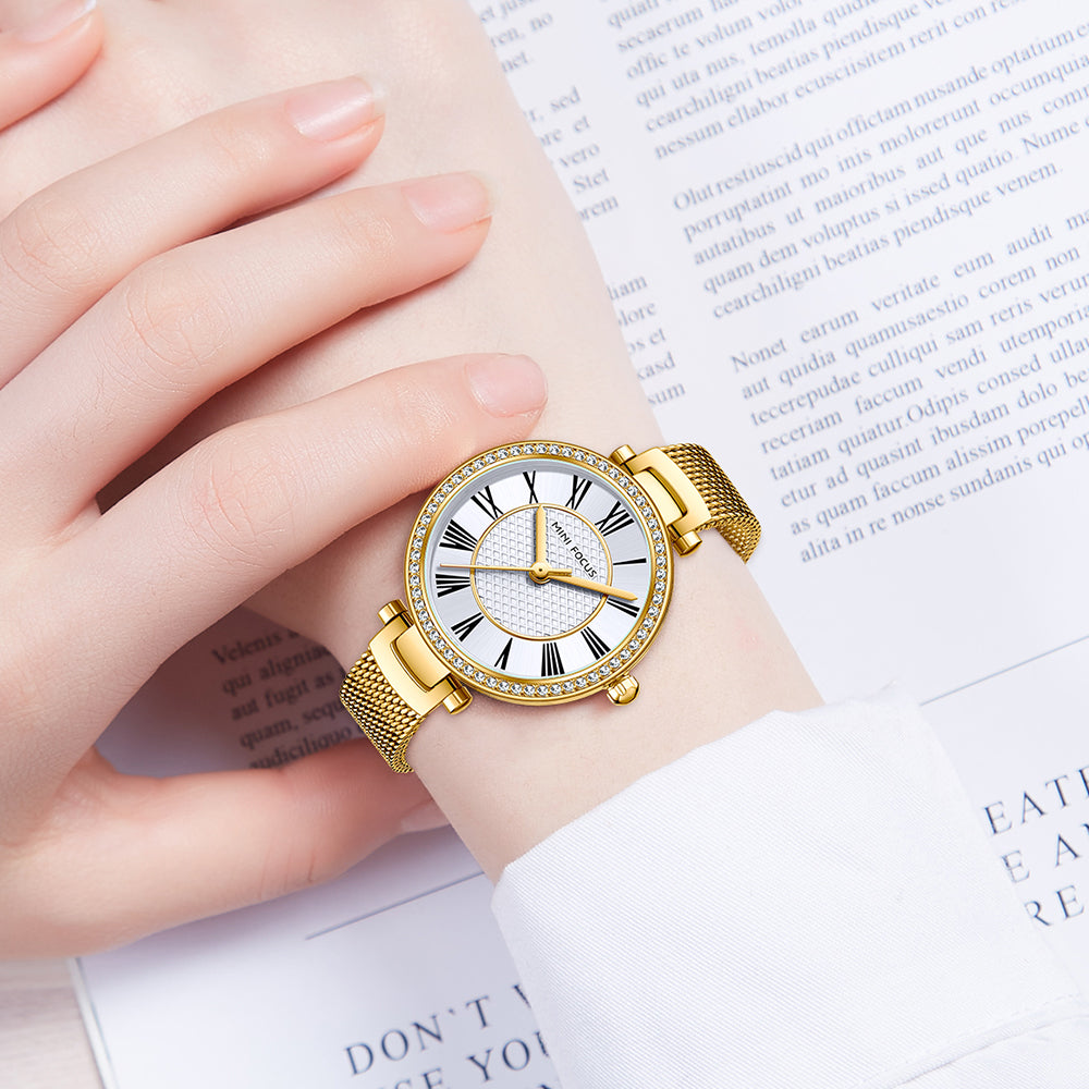 Gold Mesh Strap 25mm Diamond Watch for Women