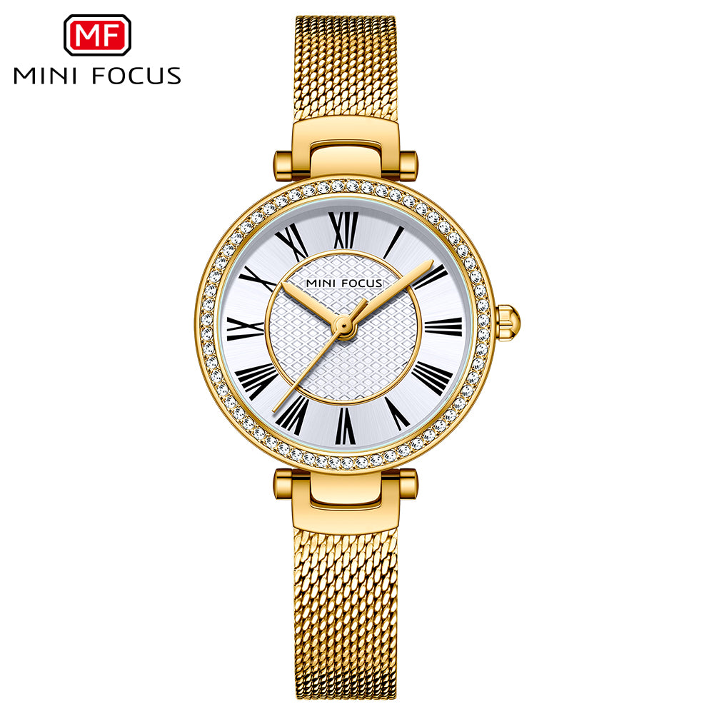 Gold Mesh Strap 25mm Diamond Watch for Women