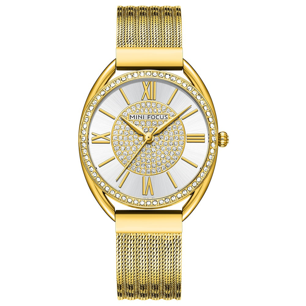 Golden Mesh Strap Ladies Watch with Diamond Studded Dial