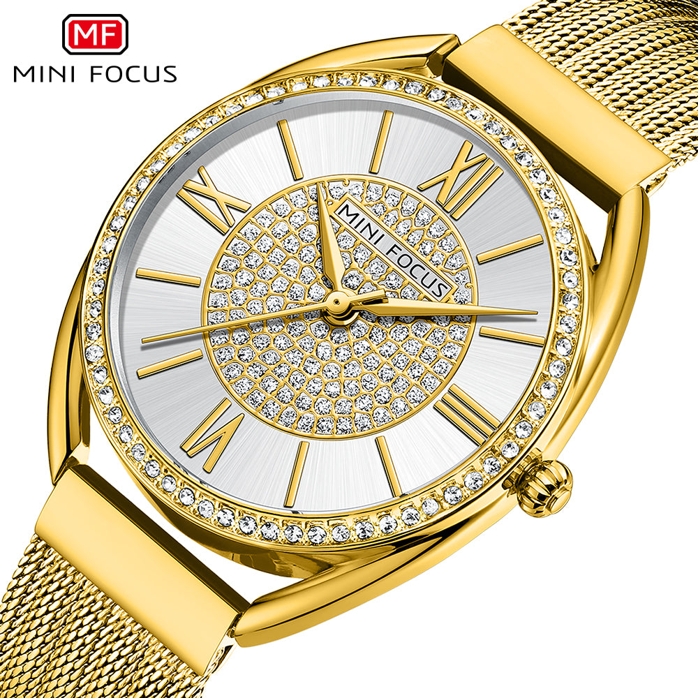 Golden Mesh Strap Ladies Watch with Diamond Studded Dial