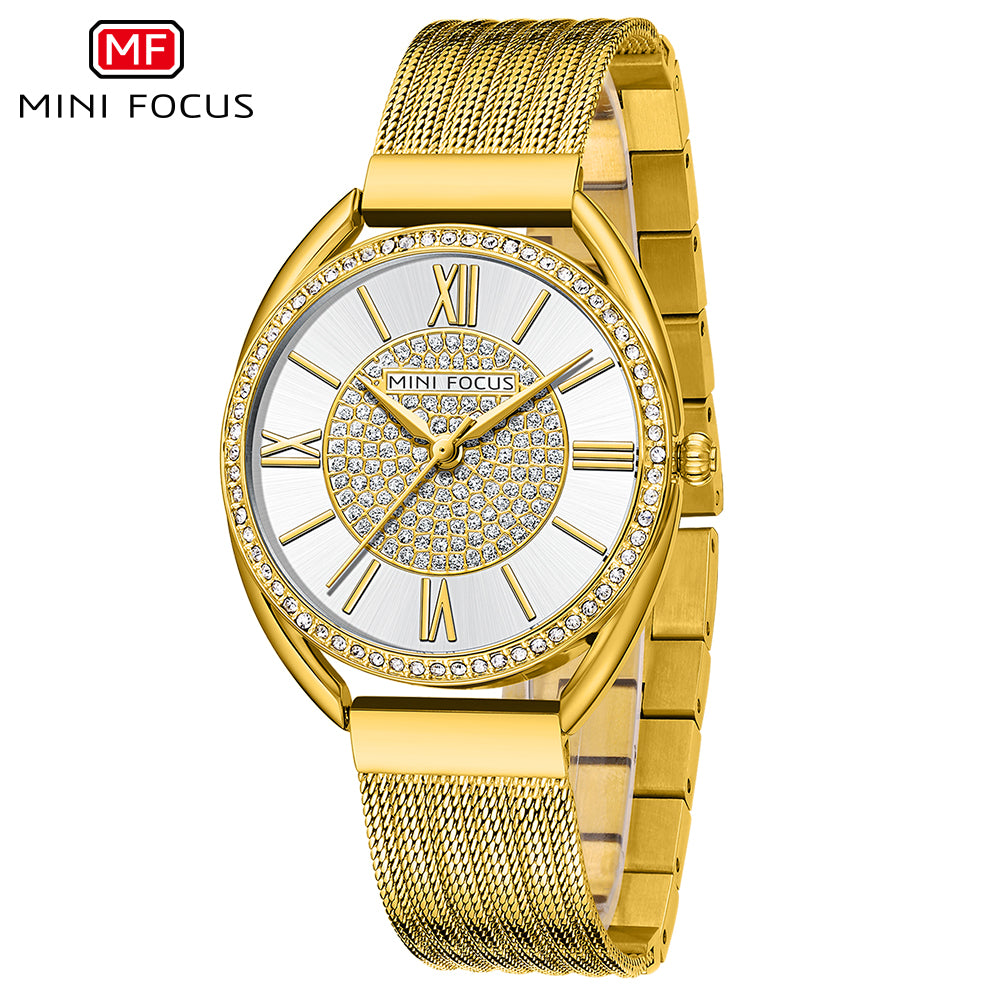 Golden Mesh Strap Ladies Watch with Diamond Studded Dial