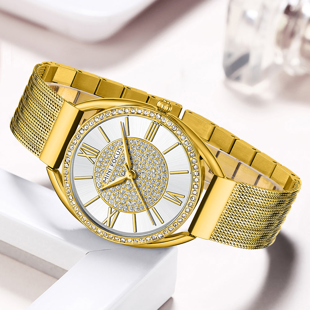 Golden Mesh Strap Ladies Watch with Diamond Studded Dial