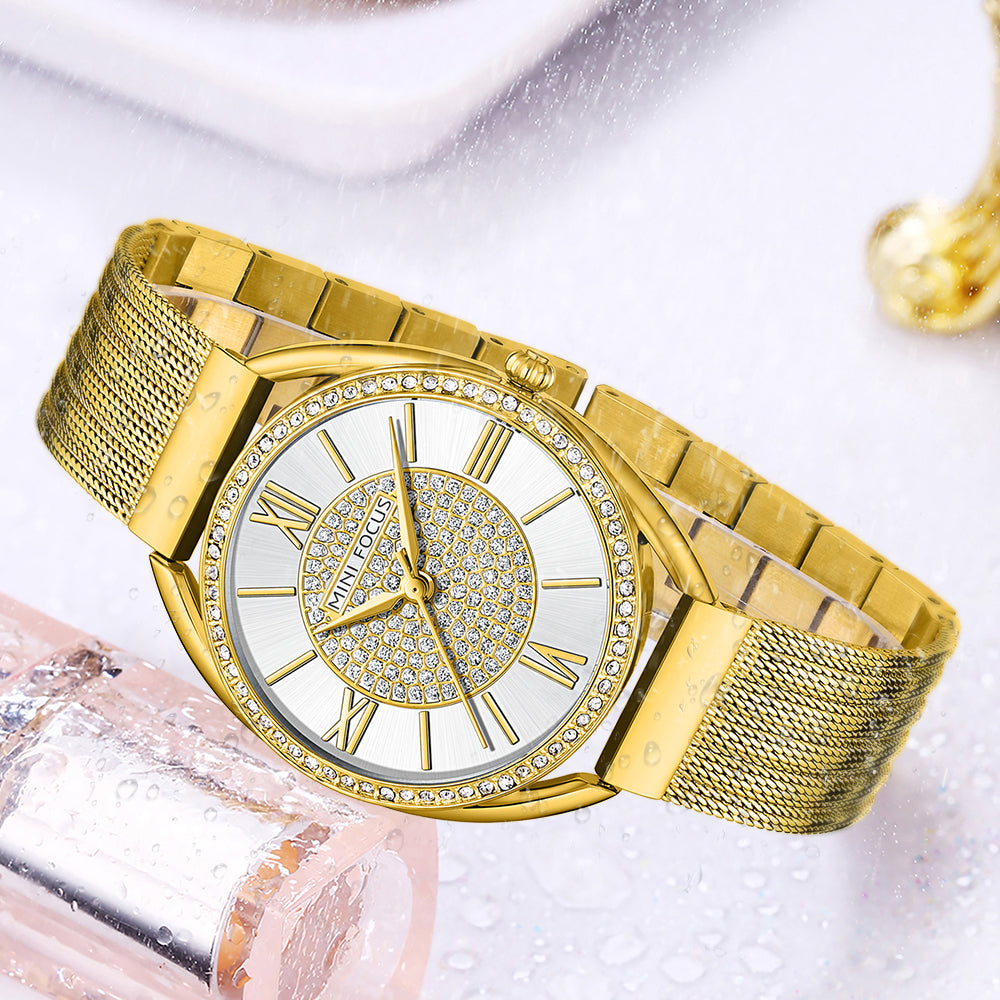 Golden Mesh Strap Ladies Watch with Diamond Studded Dial