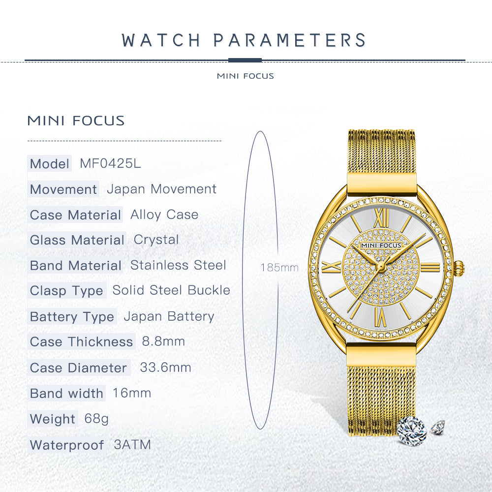 Golden Mesh Strap Ladies Watch with Diamond Studded Dial
