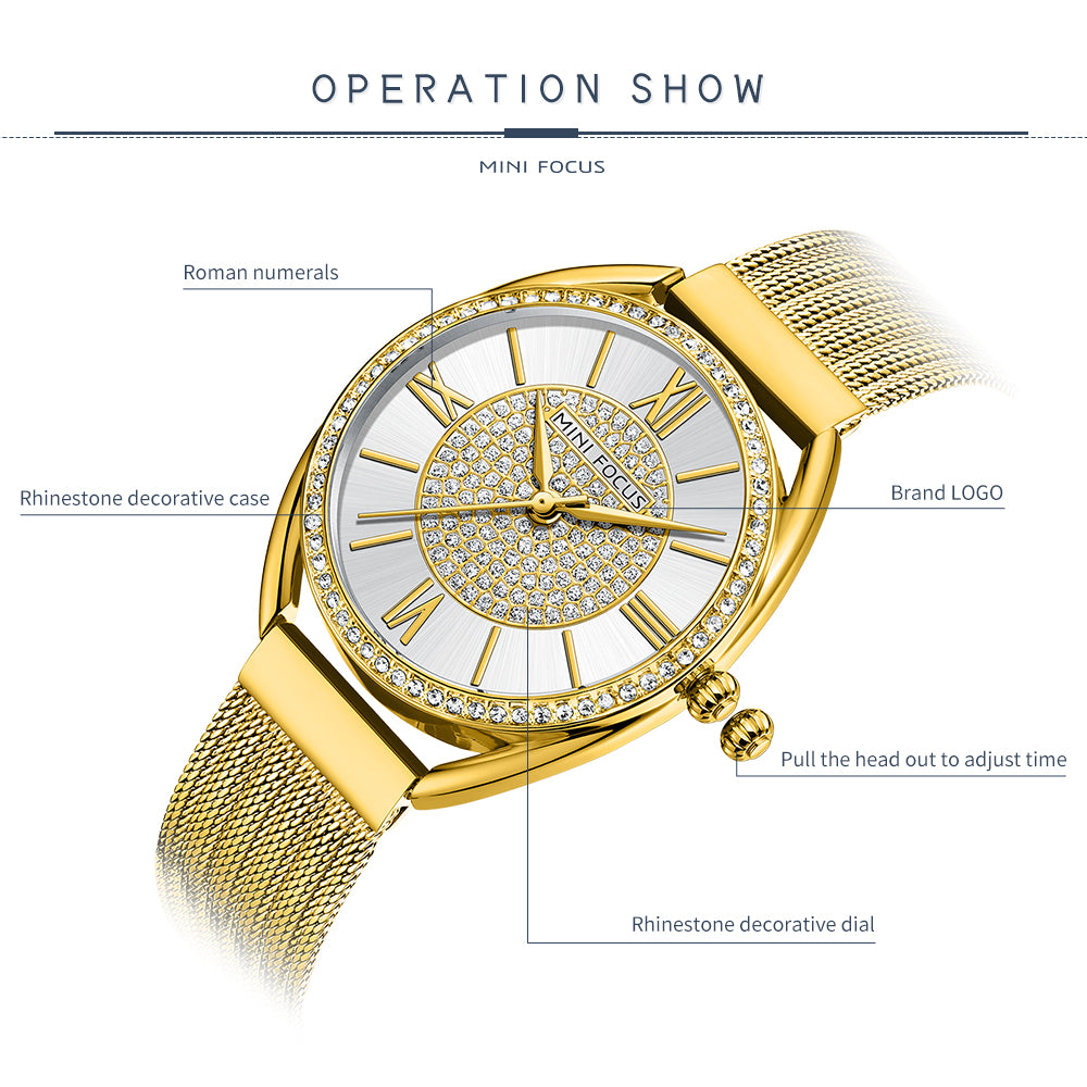 Golden Mesh Strap Ladies Watch with Diamond Studded Dial