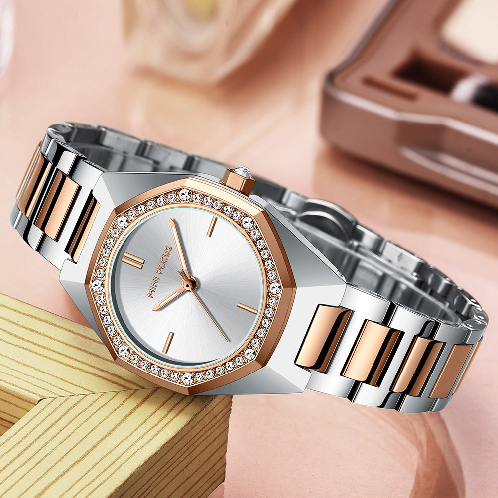 Mini Focus MF0433L.02 Diamond Quartz Elegance – Rose Gold Geometric Radiance