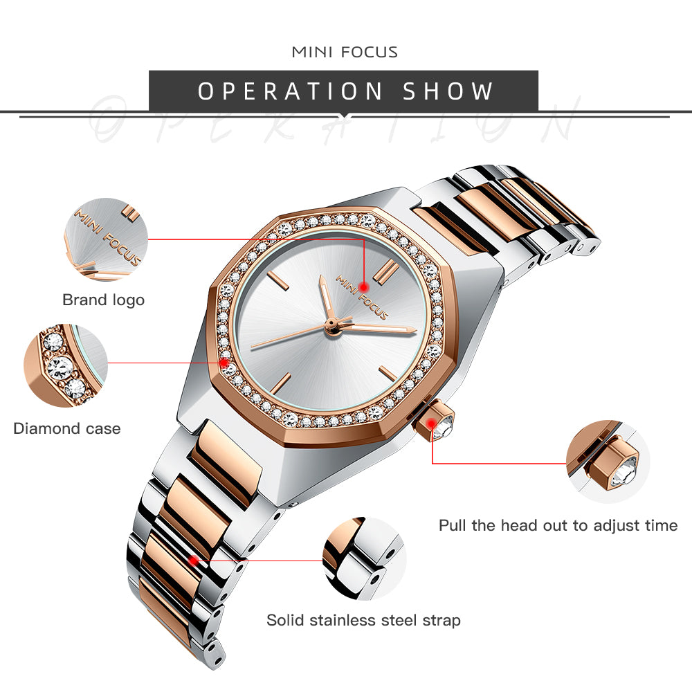 Mini Focus MF0433L.02 Diamond Quartz Elegance – Rose Gold Geometric Radiance
