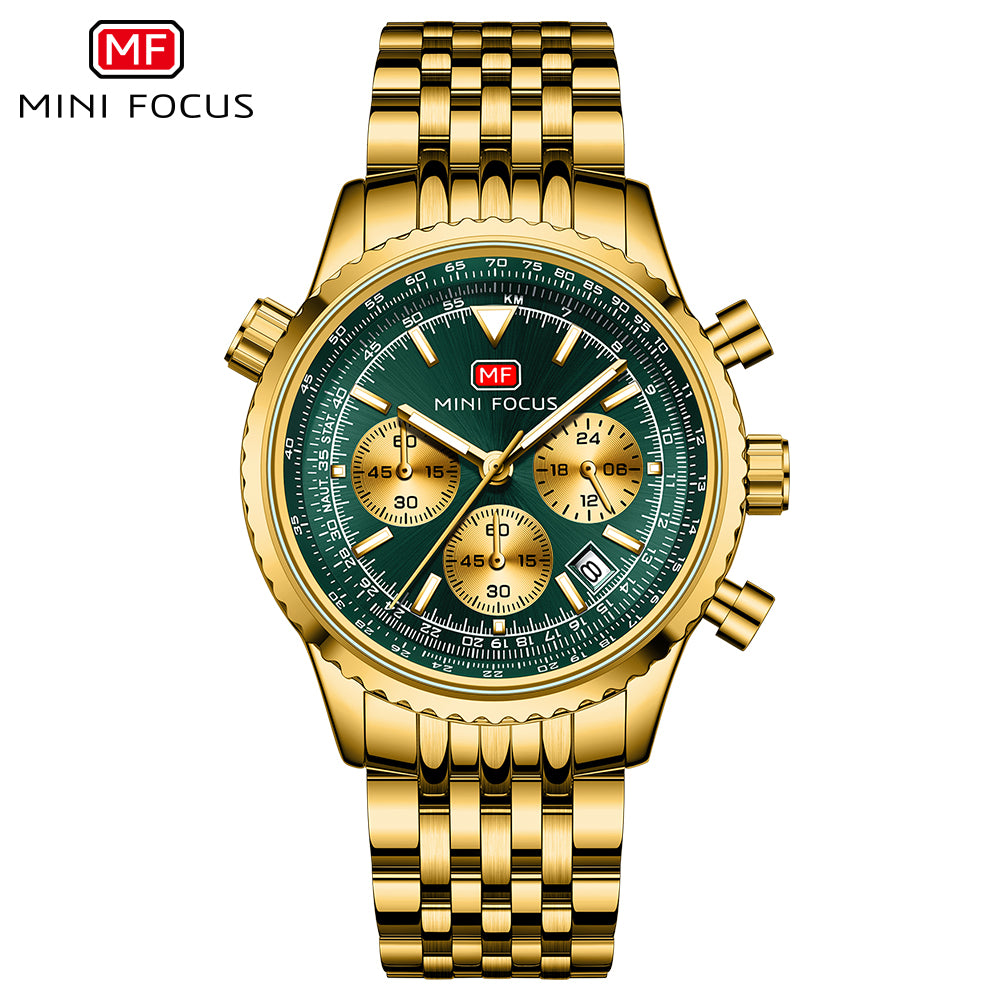 Mini Focus MF0463G.04 Elite Chronograph – Emerald Luxe Gold Steel Majesty