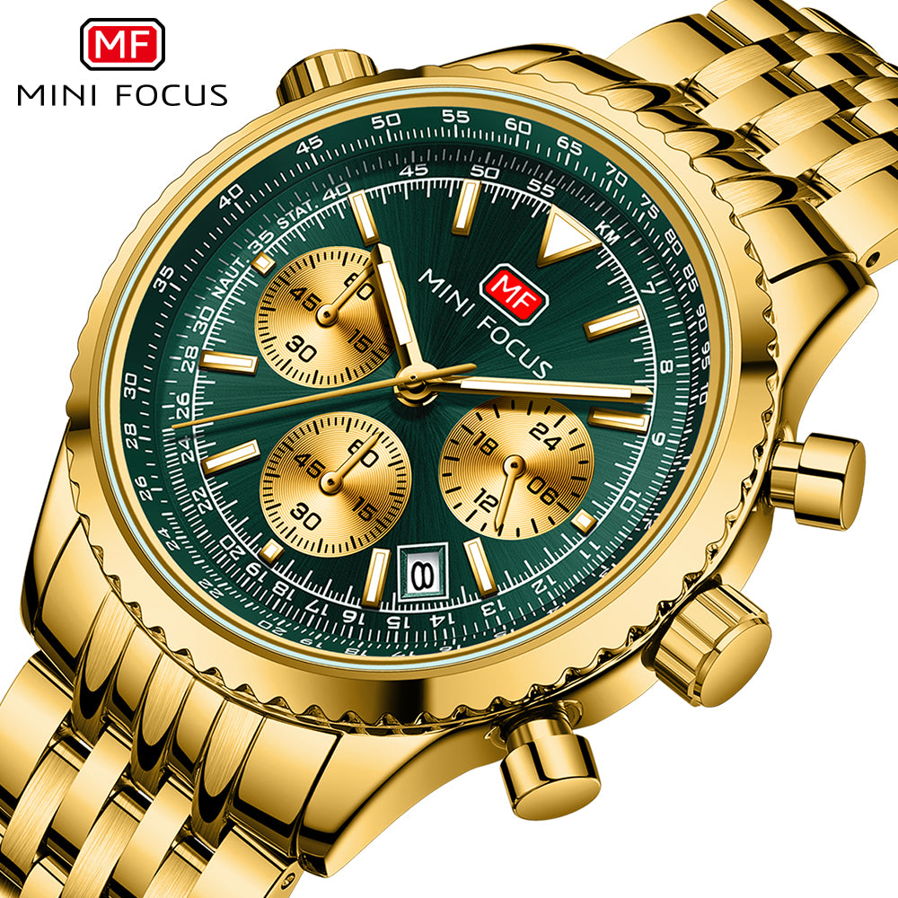 Mini Focus MF0463G.04 Elite Chronograph – Emerald Luxe Gold Steel Majesty
