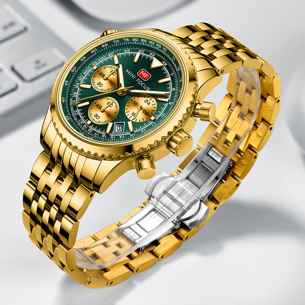 Mini Focus MF0463G.04 Elite Chronograph – Emerald Luxe Gold Steel Majesty