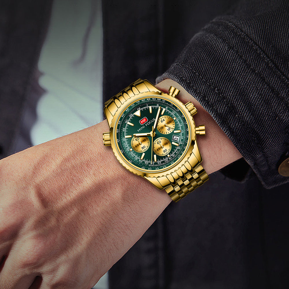 Mini Focus MF0463G.04 Elite Chronograph – Emerald Luxe Gold Steel Majesty