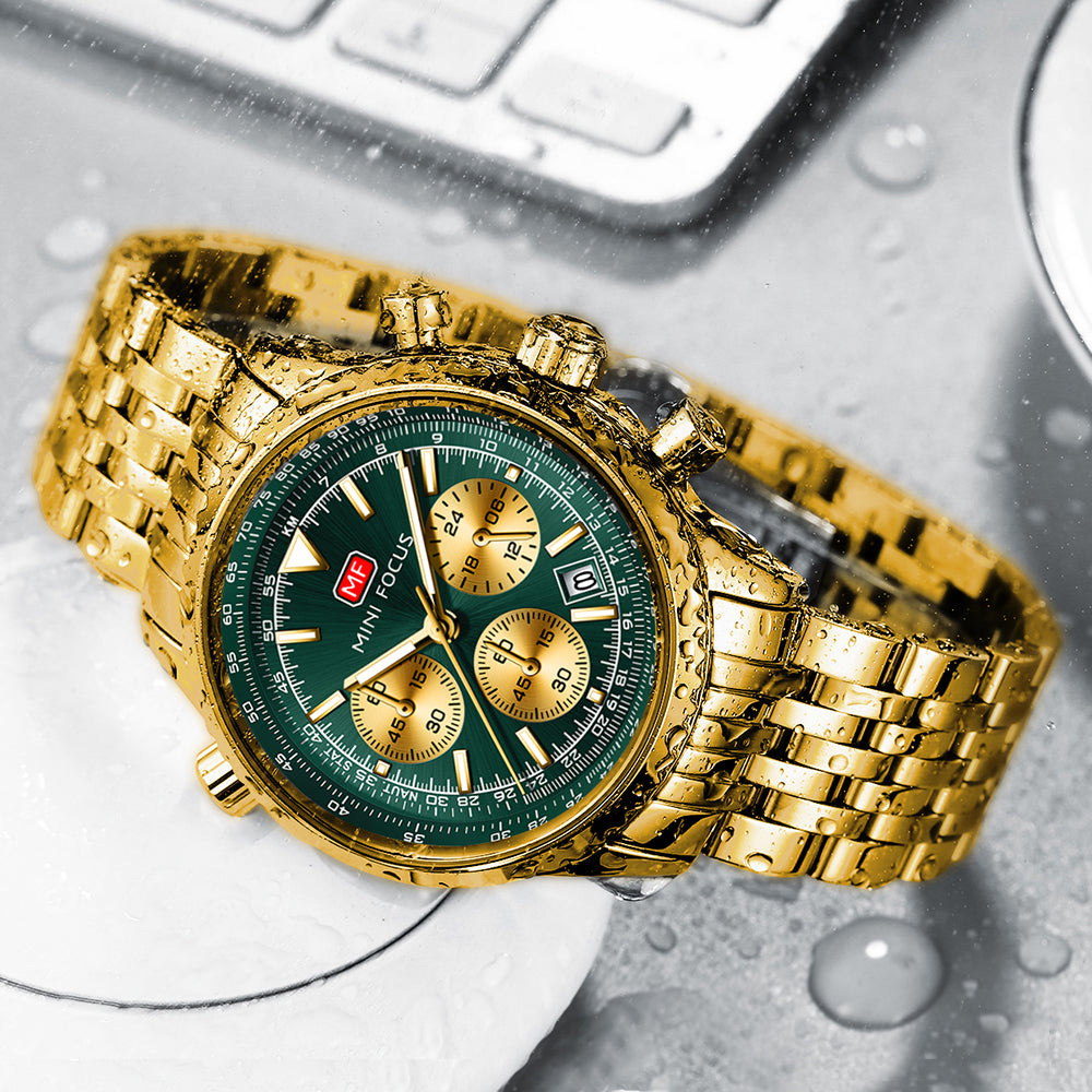 Mini Focus MF0463G.04 Elite Chronograph – Emerald Luxe Gold Steel Majesty