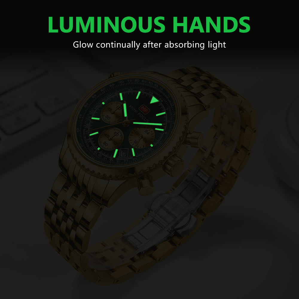 Mini Focus MF0463G.04 Elite Chronograph – Emerald Luxe Gold Steel Majesty