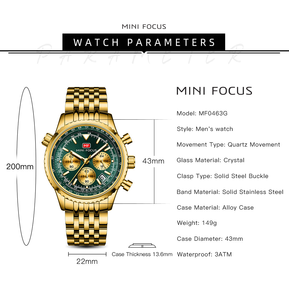 Mini Focus MF0463G.04 Elite Chronograph – Emerald Luxe Gold Steel Majesty