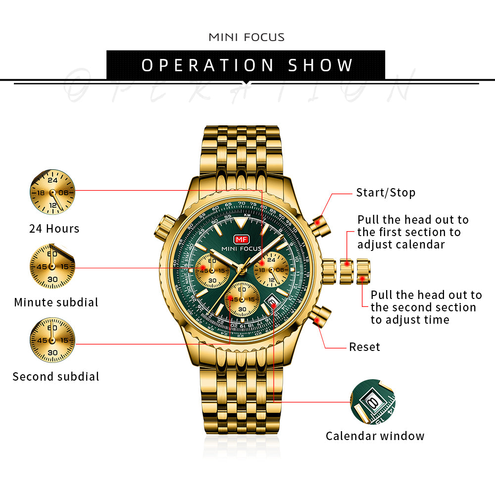 Mini Focus MF0463G.04 Elite Chronograph – Emerald Luxe Gold Steel Majesty