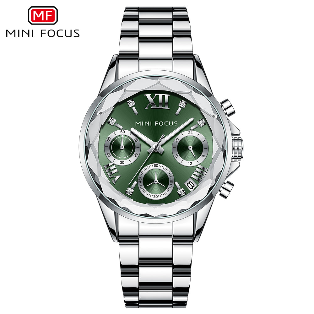 Mini Focus MF0466L.02 Silver Metal Belt with Green Dial and Diamond Shape Bezel Watch for Women