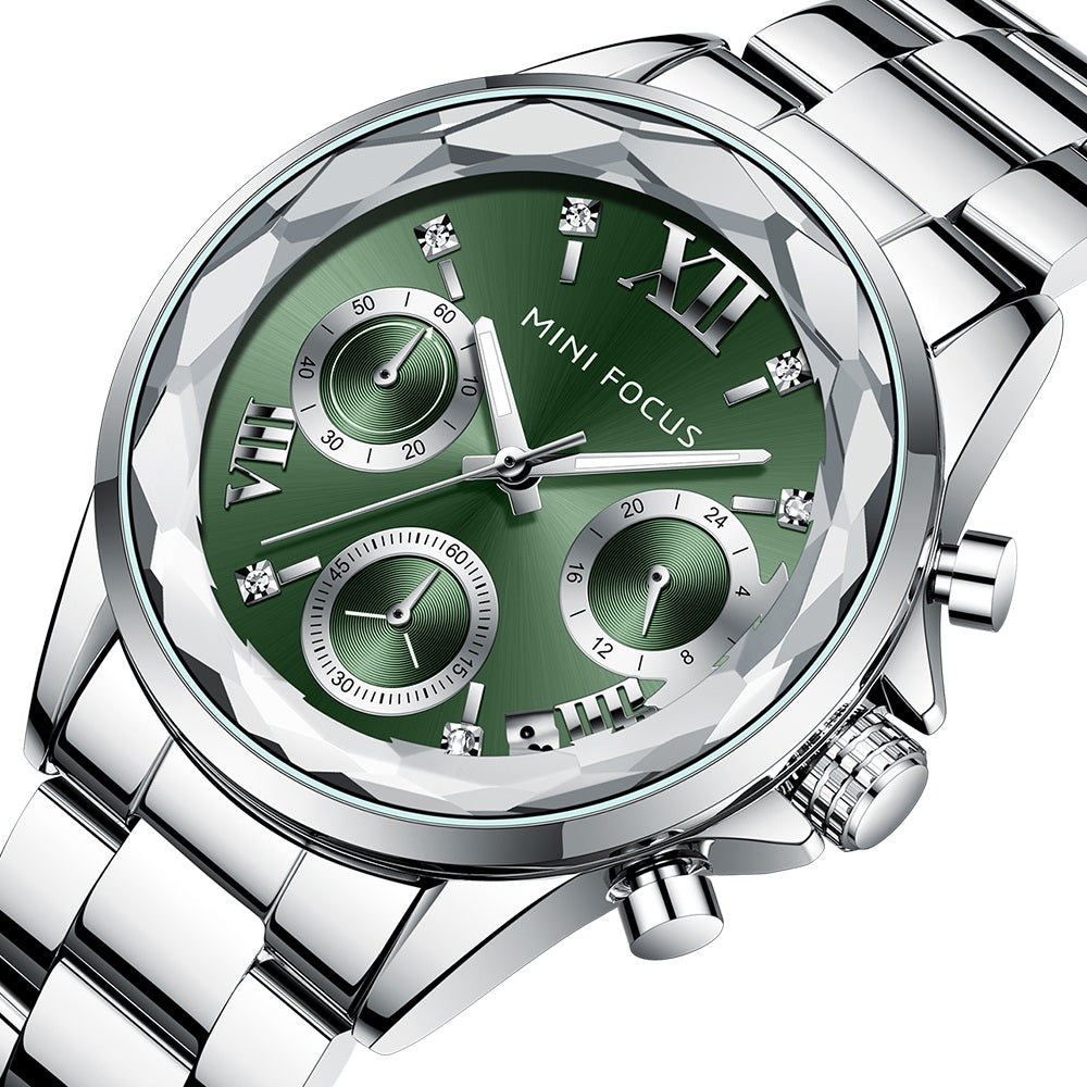 Mini Focus MF0466L.02 Silver Metal Belt with Green Dial and Diamond Shape Bezel Watch for Women