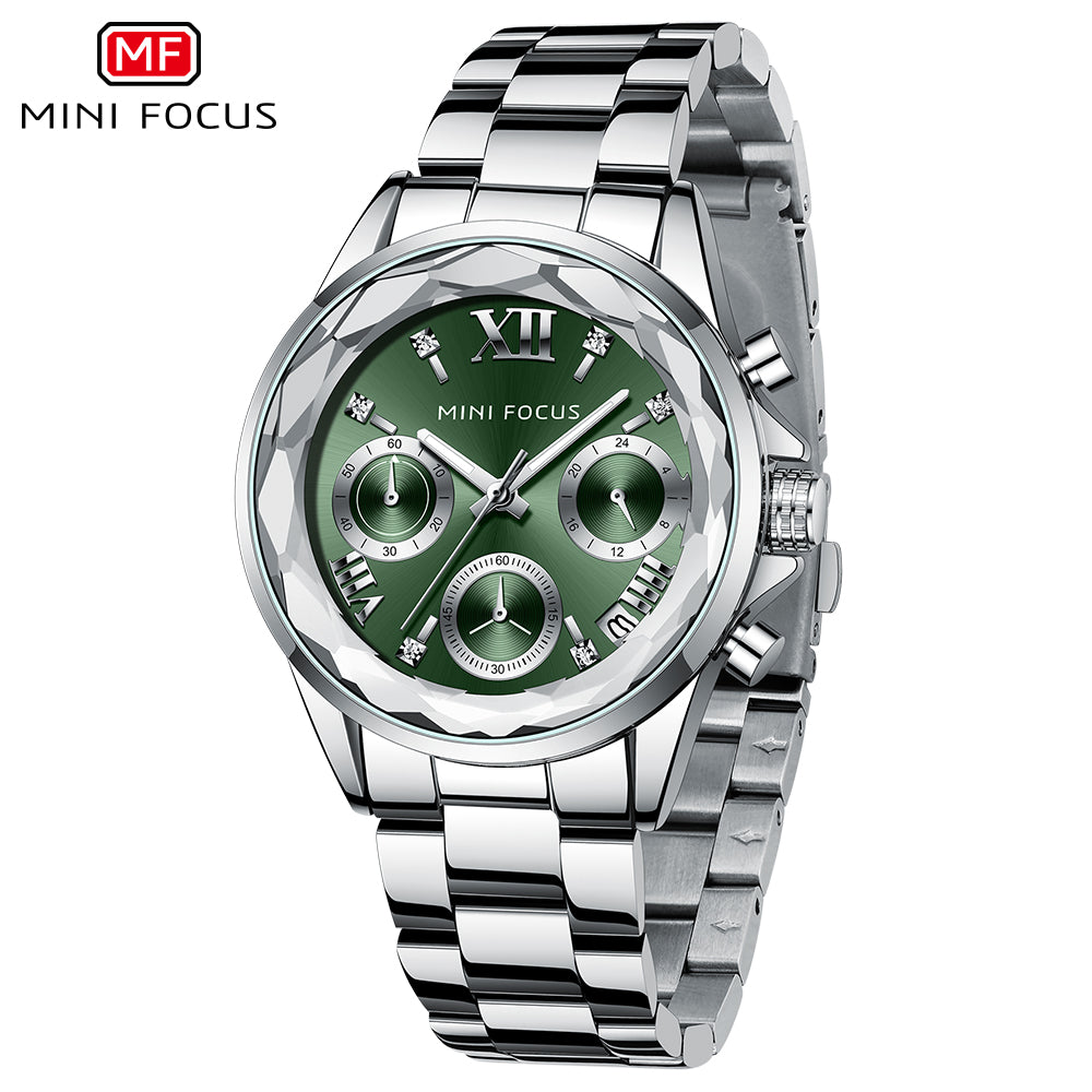 Mini Focus MF0466L.02 Silver Metal Belt with Green Dial and Diamond Shape Bezel Watch for Women
