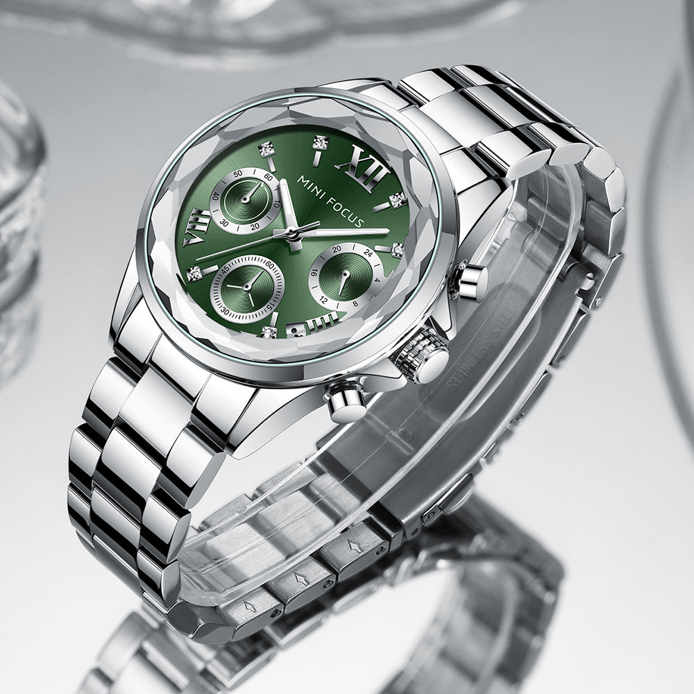 Mini Focus MF0466L.02 Silver Metal Belt with Green Dial and Diamond Shape Bezel Watch for Women