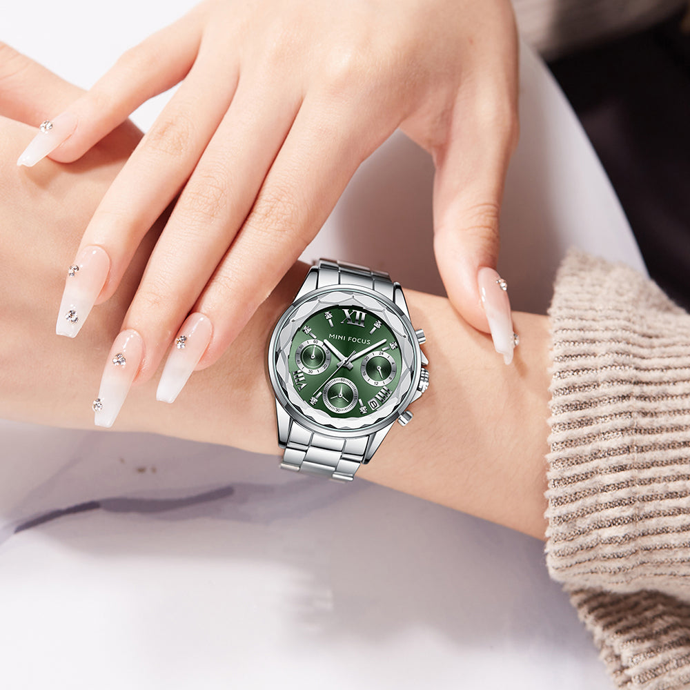 Mini Focus MF0466L.02 Silver Metal Belt with Green Dial and Diamond Shape Bezel Watch for Women