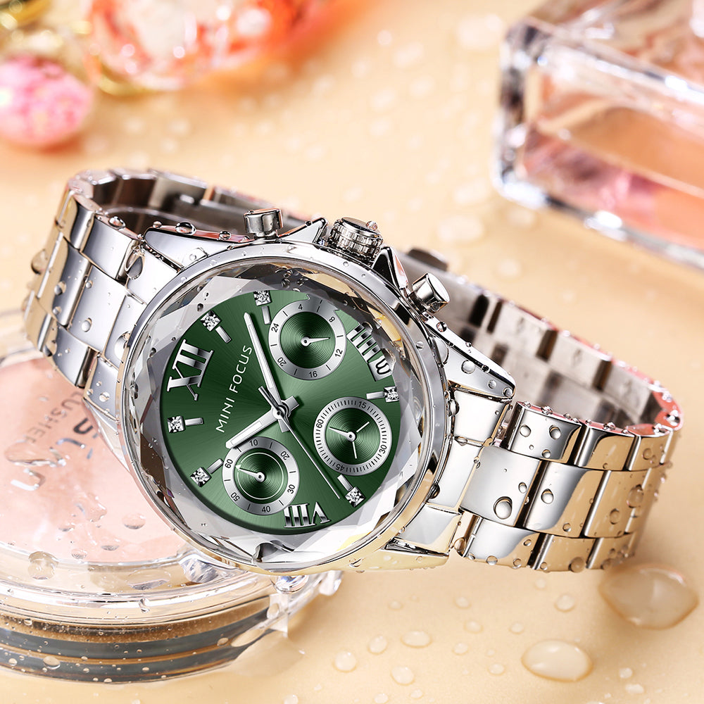 Mini Focus MF0466L.02 Silver Metal Belt with Green Dial and Diamond Shape Bezel Watch for Women
