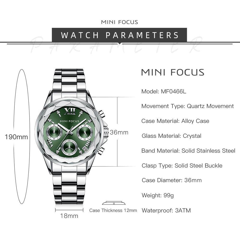 Mini Focus MF0466L.02 Silver Metal Belt with Green Dial and Diamond Shape Bezel Watch for Women
