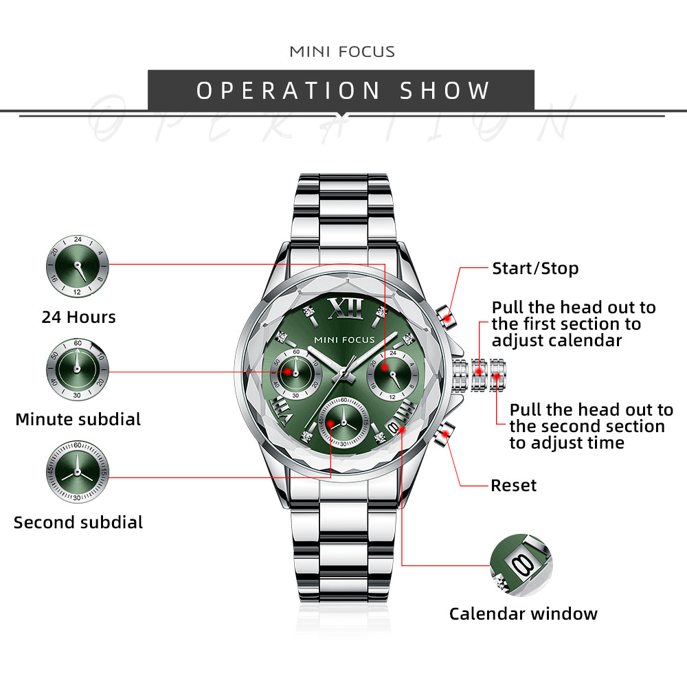 Mini Focus MF0466L.02 Silver Metal Belt with Green Dial and Diamond Shape Bezel Watch for Women