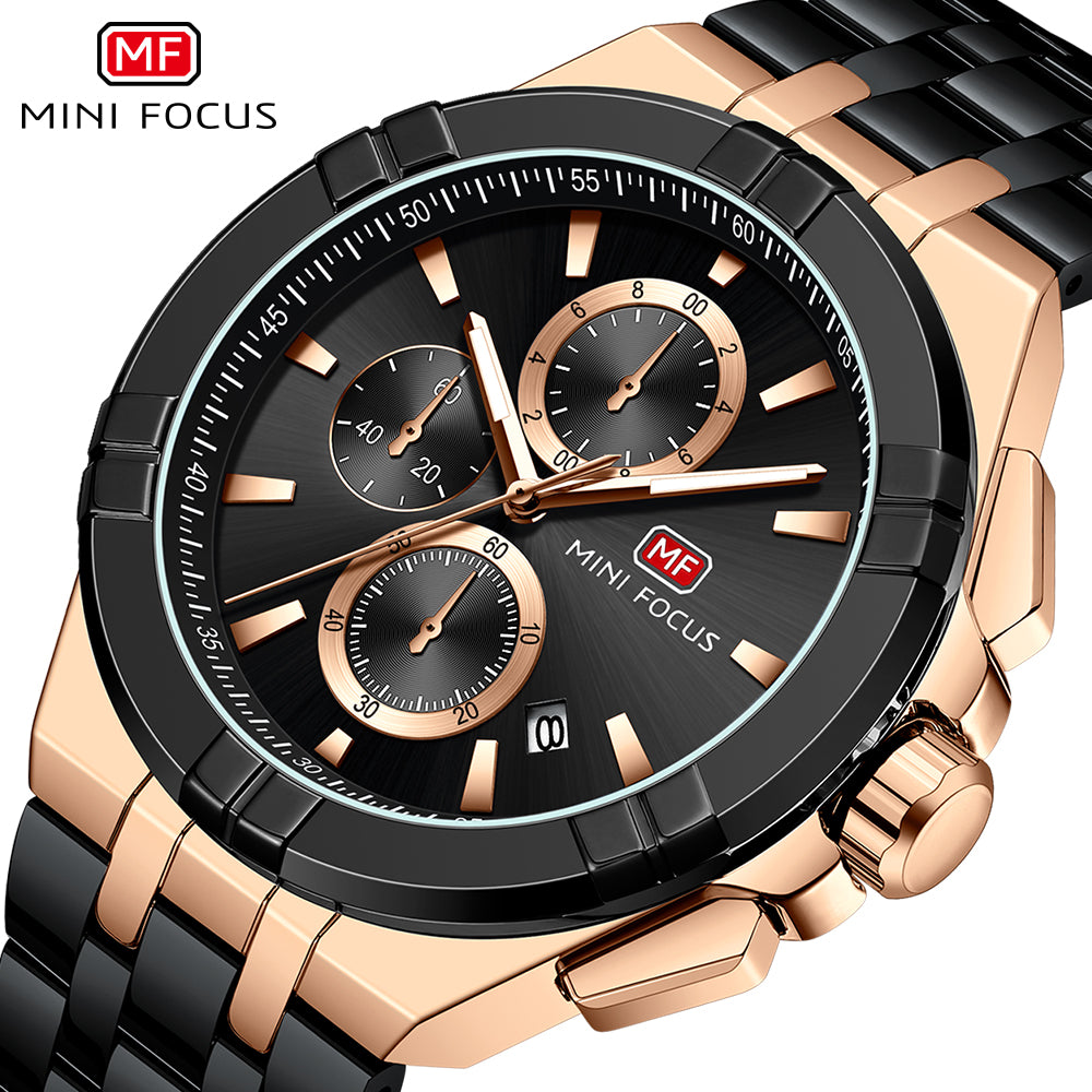 Mini Focus MF0471G.04 Black and Rose Gold Chronograph Watch for Men
