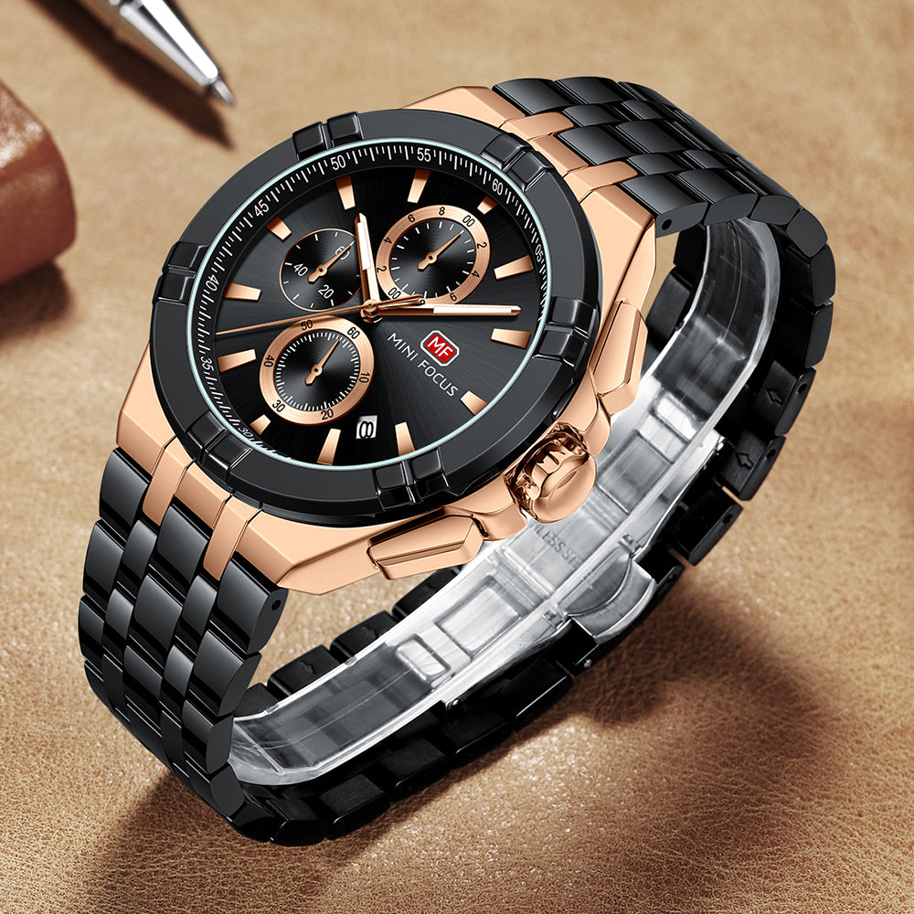 Mini Focus MF0471G.04 Black and Rose Gold Chronograph Watch for Men