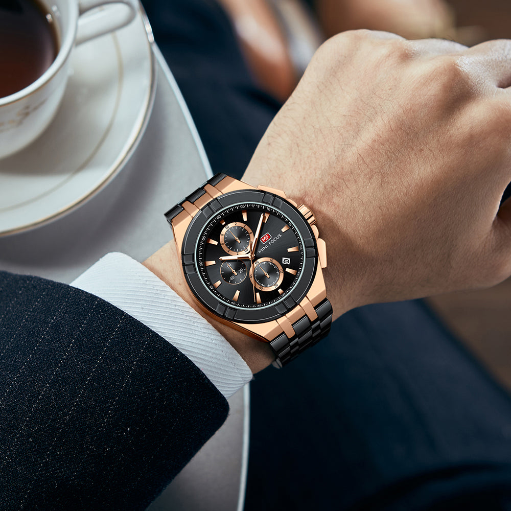 Mini Focus MF0471G.04 Black and Rose Gold Chronograph Watch for Men