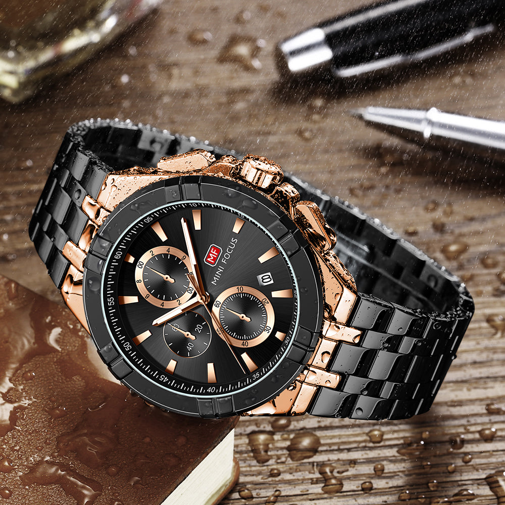Mini Focus MF0471G.04 Black and Rose Gold Chronograph Watch for Men