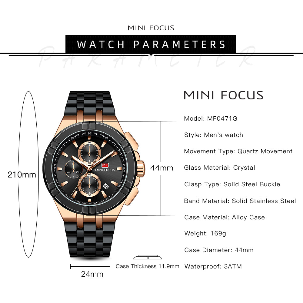 Mini Focus MF0471G.04 Black and Rose Gold Chronograph Watch for Men
