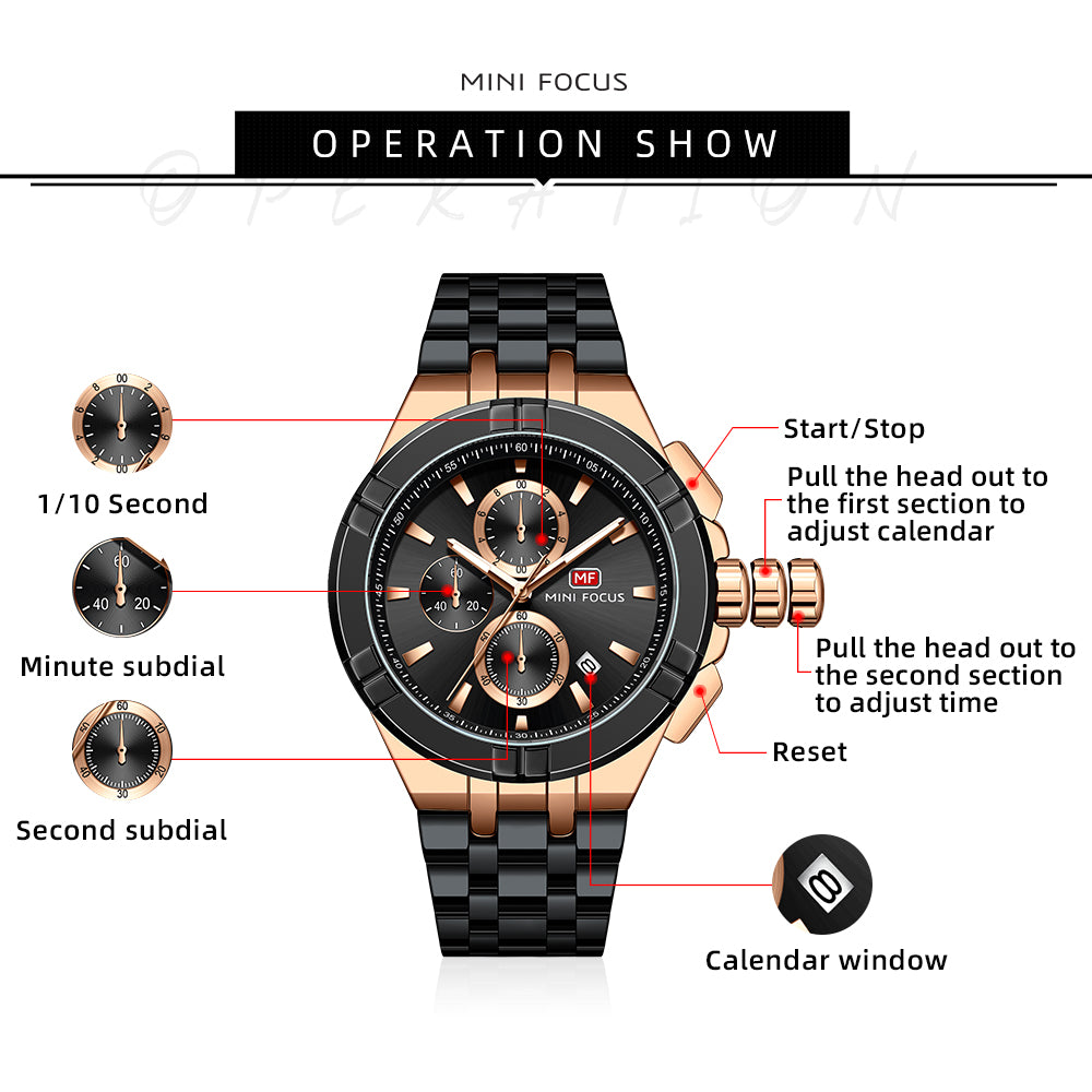 Mini Focus MF0471G.04 Black and Rose Gold Chronograph Watch for Men