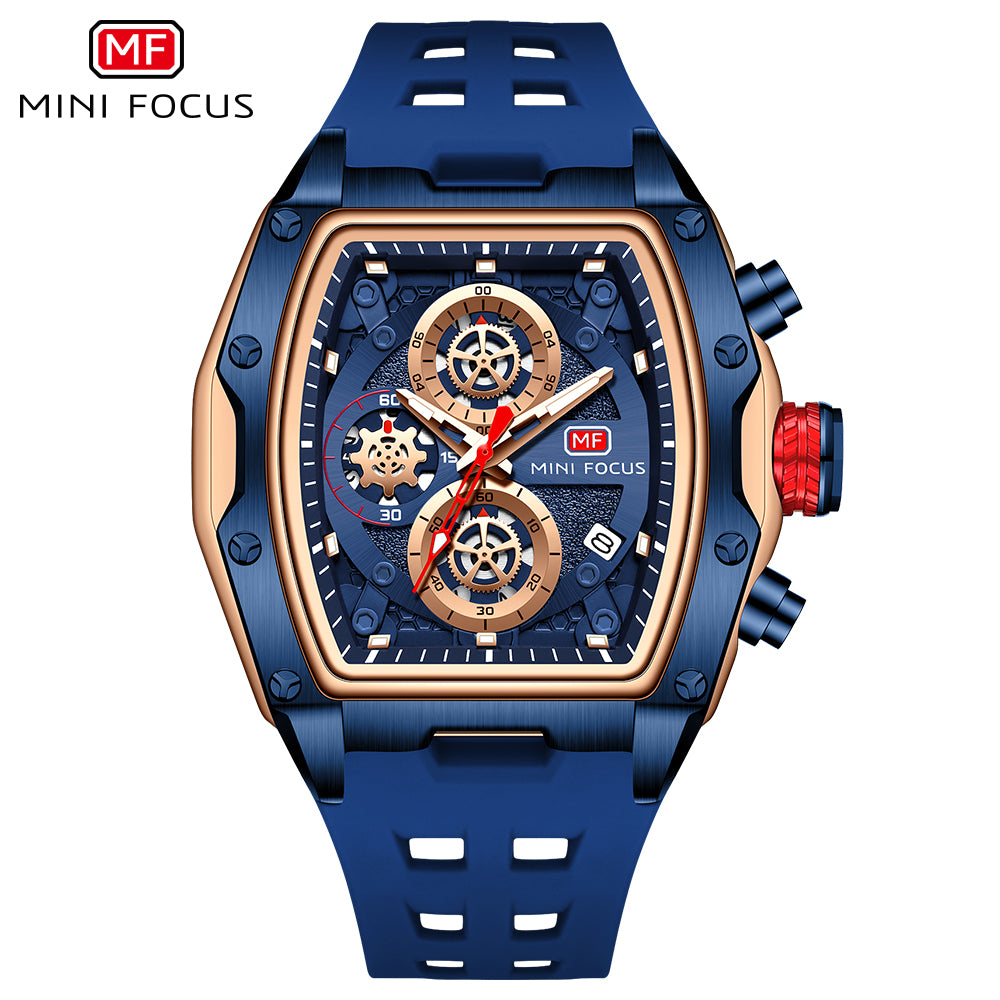 Mini Focus MF0473G.02 Tonneau Shaped Blue Skeleton Chronograph Watch for Men with Date display