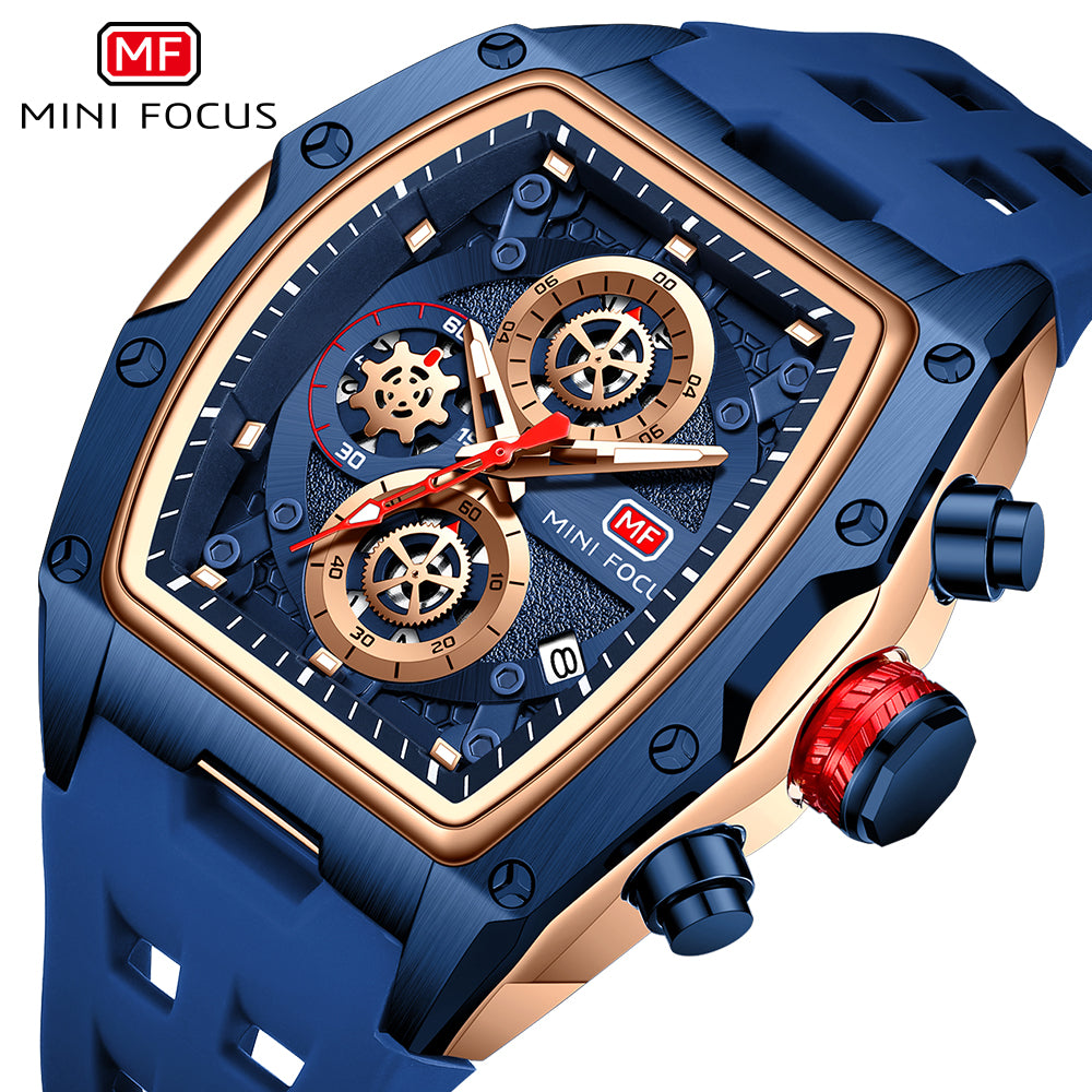 Mini Focus MF0473G.02 Tonneau Shaped Blue Skeleton Chronograph Watch for Men with Date display