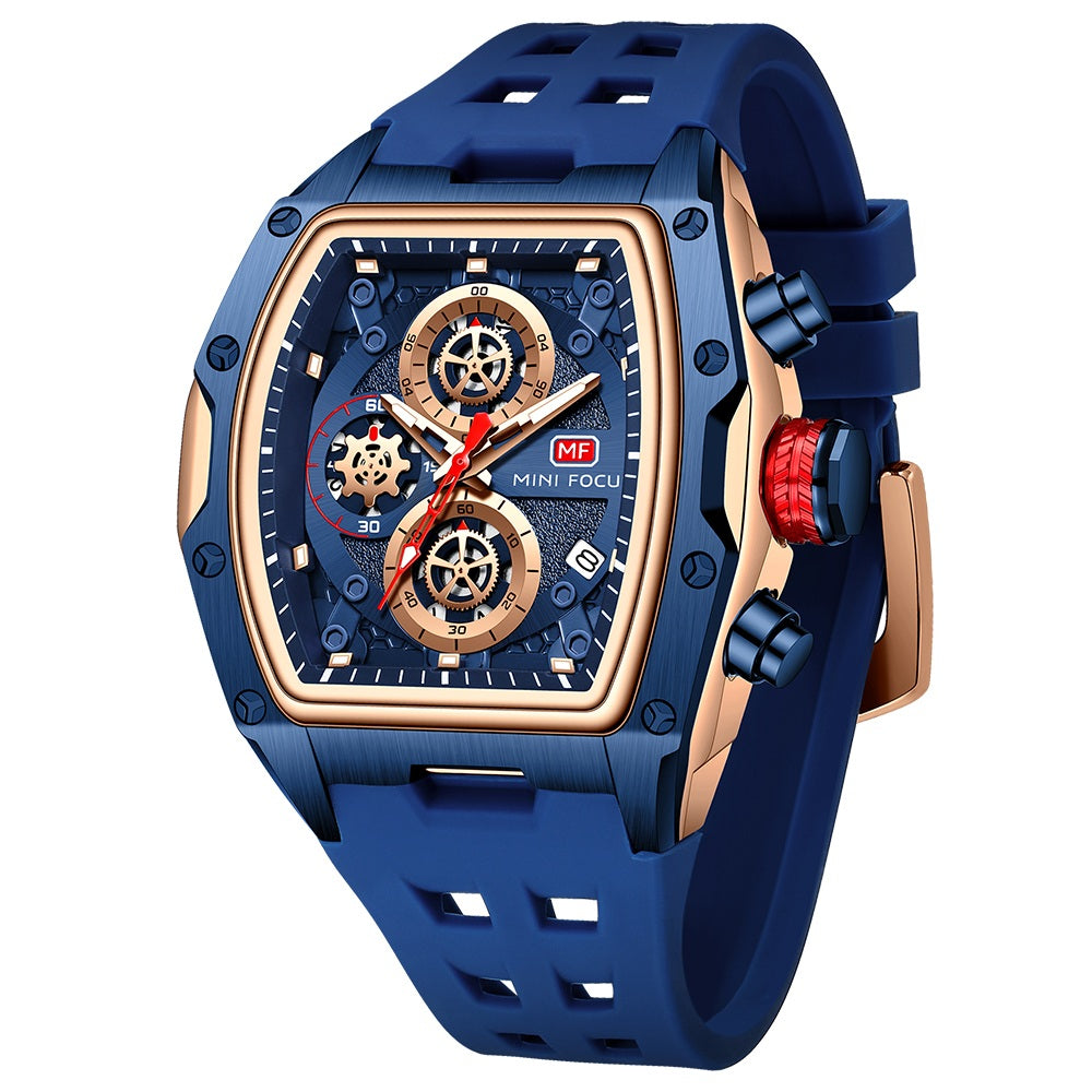 Mini Focus MF0473G.02 Tonneau Shaped Blue Skeleton Chronograph Watch for Men with Date display