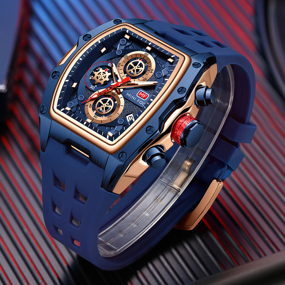 Mini Focus MF0473G.02 Tonneau Shaped Blue Skeleton Chronograph Watch for Men with Date display